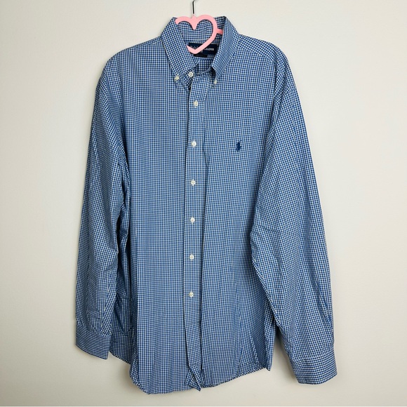 Ralph Lauren Navy Checkered Long Sleeve Button-Down Shirt Size 16 - Picture 1 of 7
